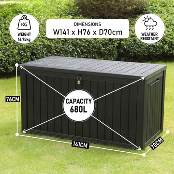 Olsen & Smith 680L Large Outdoor Garden Storage Box – Weather-Resistant Heavy-Duty Plastic Storage Chest with Padlock, Wood-Effect Finish & Gas Lift Lid for Cushions, Tools & Toys (Anthracite Black)
